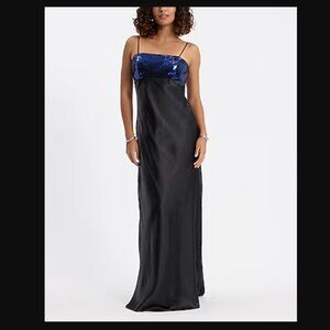 NWT Express Formal Sequin Satin Sleeveless Maxi Dress, Navy Blue and Black, XL